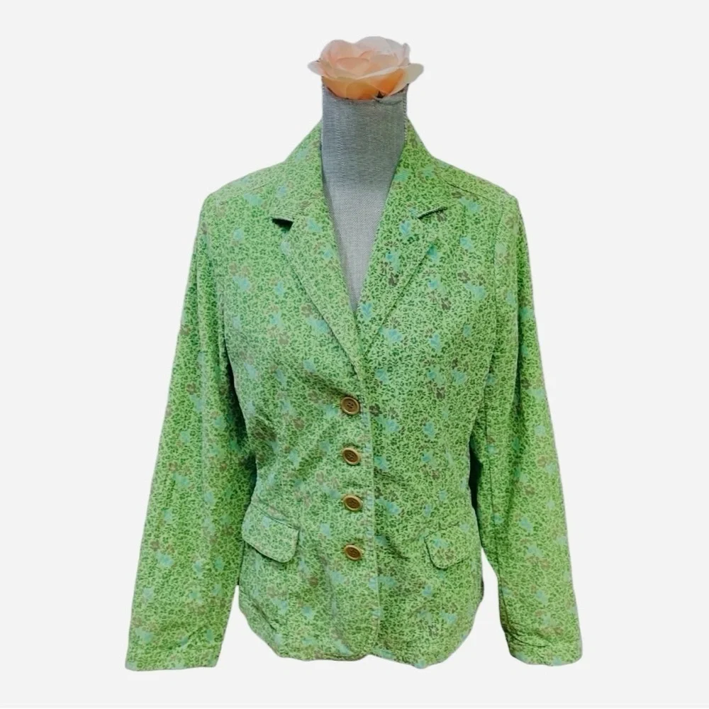 Eddie Bauer Vtg 90s Green Floral Corduroy Blazer Jacket 10 Cotton Cottagecore